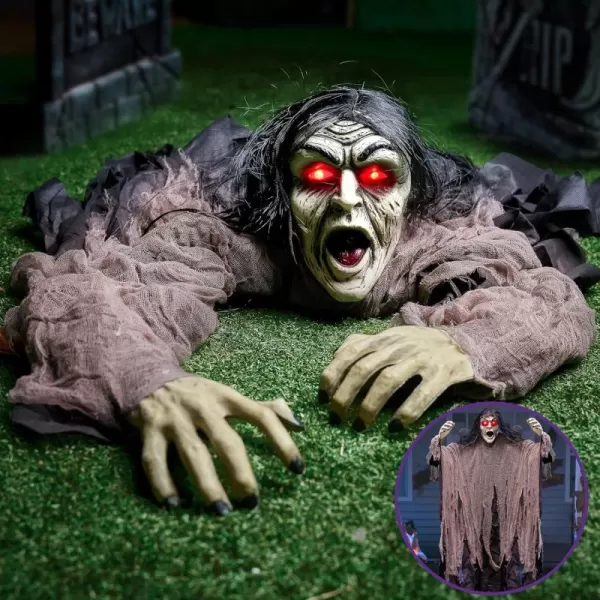 JOYIN Halloween Zombie Decorations Outdoor Halloween Groundbreaker Outside Decor Hanging Zombie Prop with Green Face and Lighted Eyes for Graveyard Haunted House Lawn Yard Indoor Decor