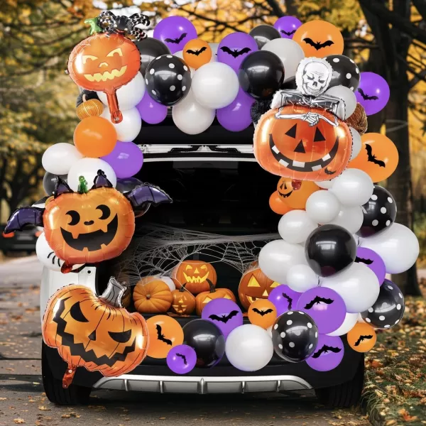 JOYIN Halloween Trunk or Treat Car Pumpkin Decoration Kit with Spider Bat Wing Skeleton Peppermint Foil Balloons Rubber Balloons for Halloween SUV Trunk Archway Garage House Outdoor Decor