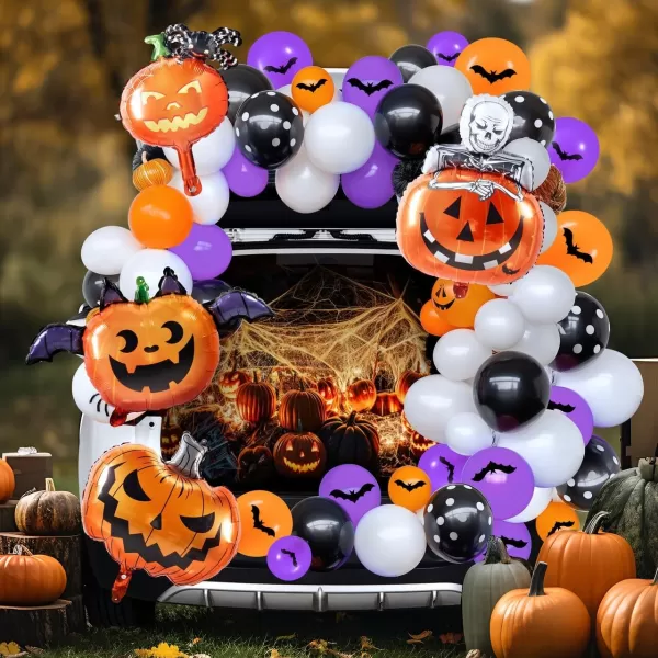 JOYIN Halloween Trunk or Treat Car Pumpkin Decoration Kit with Spider Bat Wing Skeleton Peppermint Foil Balloons Rubber Balloons for Halloween SUV Trunk Archway Garage House Outdoor Decor
