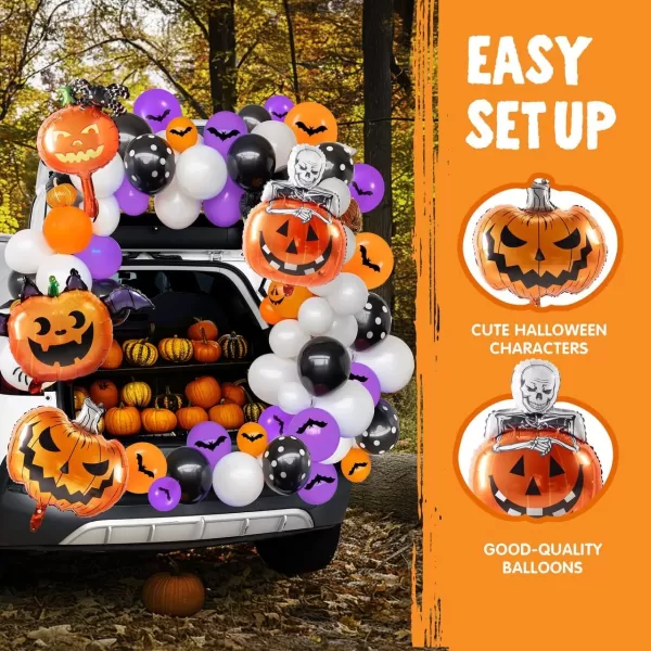JOYIN Halloween Trunk or Treat Car Pumpkin Decoration Kit with Spider Bat Wing Skeleton Peppermint Foil Balloons Rubber Balloons for Halloween SUV Trunk Archway Garage House Outdoor Decor