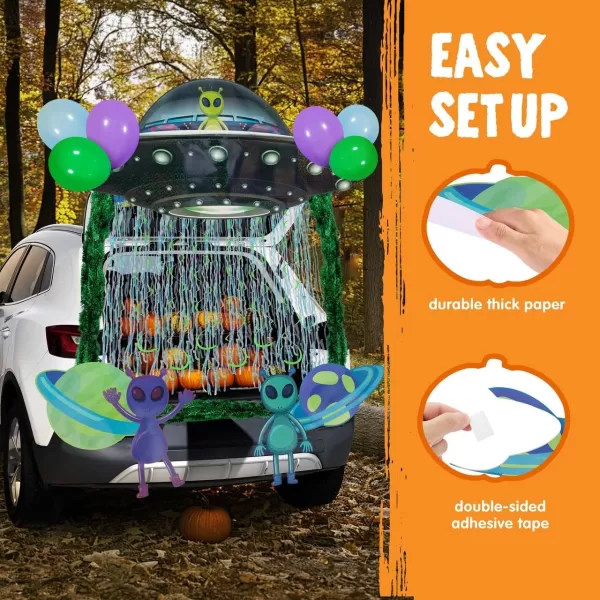 JOYIN Halloween UFO Aliens Trunk Or Treat Car Decorations Kit for SUV Halloween Decorations Outdoor Indoor Decor Planets Haunted House Trunk Archway Car Garage Lawn Balloons Streamer Tinsels StripsUFO