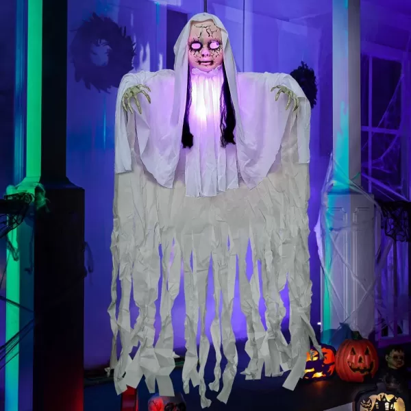 imageJOYIN 43quot Halloween Hanging Ghost Decoration Halloween Scary Hanging Ghost Girl with Lightup Head for Halloween Outdoor Yard Patio Decoration Halloween Haunted House Decorations