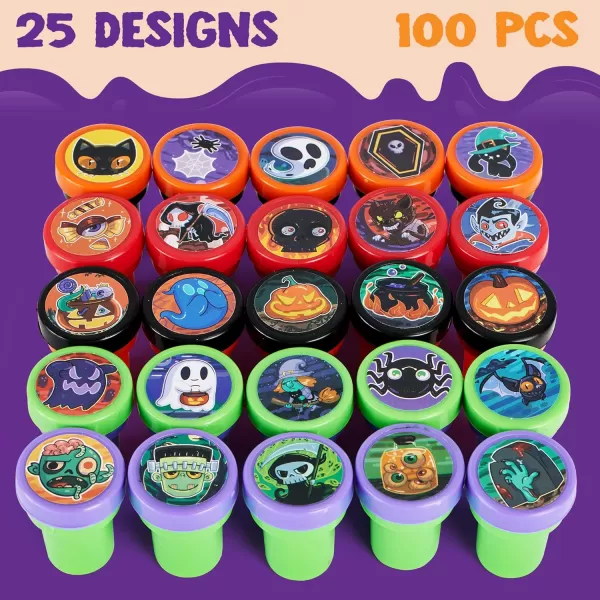 imageJOYIN 100 PCS Halloween Stamps for Kids Gift 25 Designs Assorted SelfInk Stamps Trick or Treat Party Favors Supplies Stampers Goodie Bag Stuffers School Carnival Game Prizes