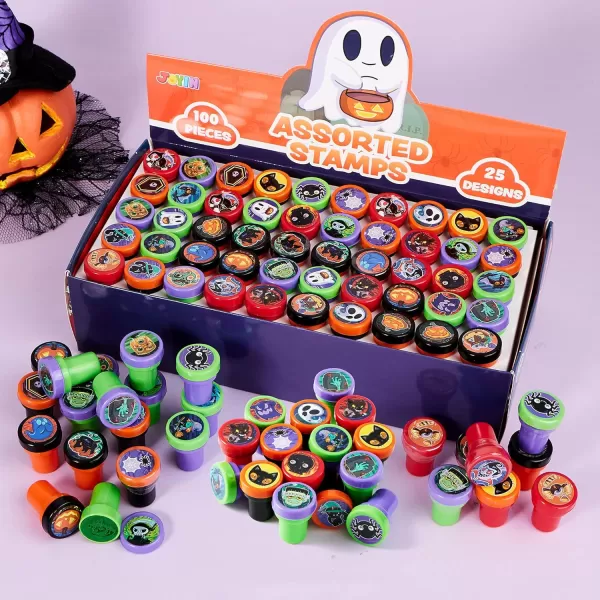 imageJOYIN 100 PCS Halloween Stamps for Kids Gift 25 Designs Assorted SelfInk Stamps Trick or Treat Party Favors Supplies Stampers Goodie Bag Stuffers School Carnival Game Prizes
