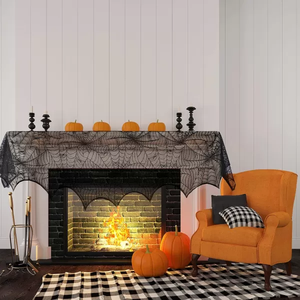 imageJOYIN 2 Pack Halloween Decoration Black Spiderweb Fireplace Mantle Scarf 36X96 inches with Black Table Runner Lace Cover 14X80 inches