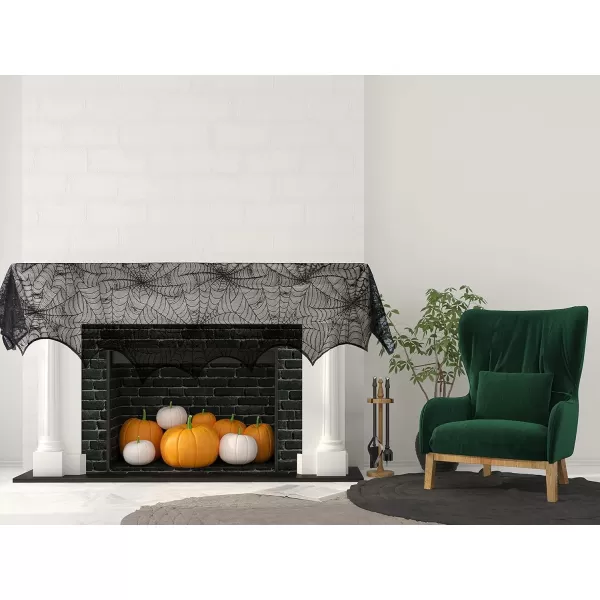 imageJOYIN 2 Pack Halloween Decoration Black Spiderweb Fireplace Mantle Scarf 36X96 inches with Black Table Runner Lace Cover 14X80 inches