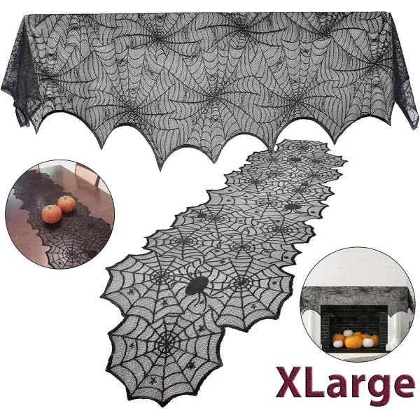 imageJOYIN 2 Pack Halloween Decoration Black Spiderweb Fireplace Mantle Scarf 36X96 inches with Black Table Runner Lace Cover 14X80 inches