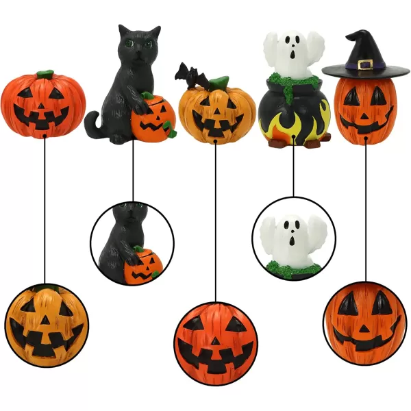 imageJOYIN 5 Pcs Halloween Miniature Resin Classic Figurines Ceramic Accessories Classic Witches Hats Cat Ghost Crow and Pumpkins Figurine for Home Shelf Mantle Halloween Decoration