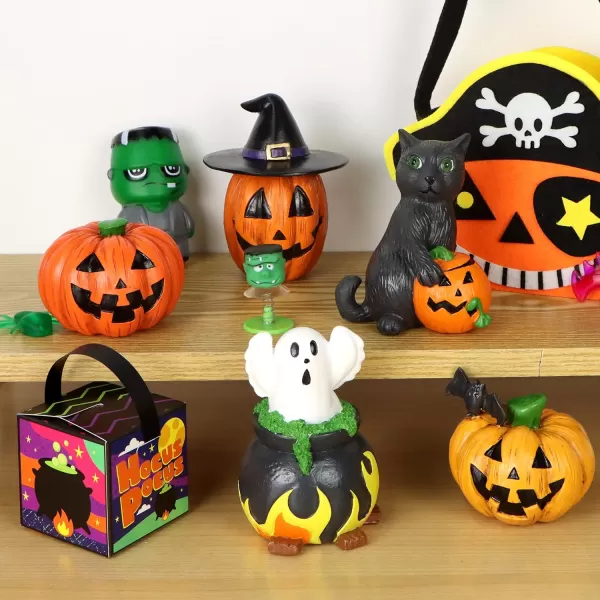 imageJOYIN 5 Pcs Halloween Miniature Resin Classic Figurines Ceramic Accessories Classic Witches Hats Cat Ghost Crow and Pumpkins Figurine for Home Shelf Mantle Halloween Decoration