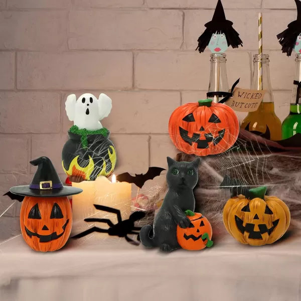 imageJOYIN 5 Pcs Halloween Miniature Resin Classic Figurines Ceramic Accessories Classic Witches Hats Cat Ghost Crow and Pumpkins Figurine for Home Shelf Mantle Halloween Decoration