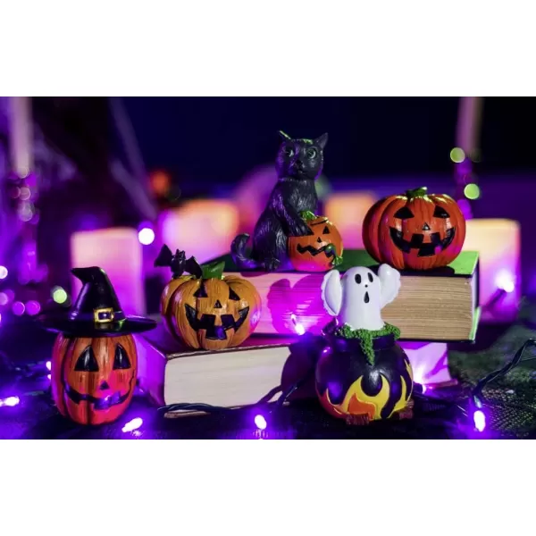 imageJOYIN 5 Pcs Halloween Miniature Resin Classic Figurines Ceramic Accessories Classic Witches Hats Cat Ghost Crow and Pumpkins Figurine for Home Shelf Mantle Halloween Decoration