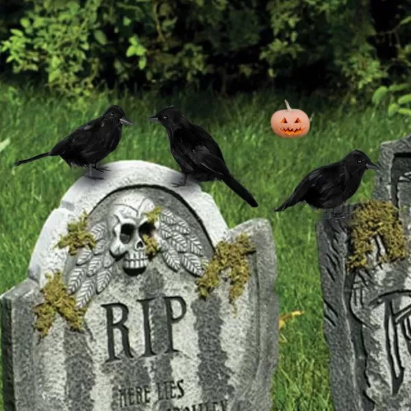 imageJOYIN 6 Pcs Crow Raven Halloween Decoration Indoor Outdoor Decor Black Fake Crows Ravens Bird Props Haunted House Graveyard Cemetery Yard Table Decor Halloween Party Favors Desk Trees Walls Windows