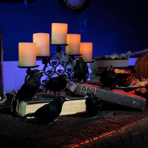 imageJOYIN 6 Pcs Crow Raven Halloween Decoration Indoor Outdoor Decor Black Fake Crows Ravens Bird Props Haunted House Graveyard Cemetery Yard Table Decor Halloween Party Favors Desk Trees Walls Windows