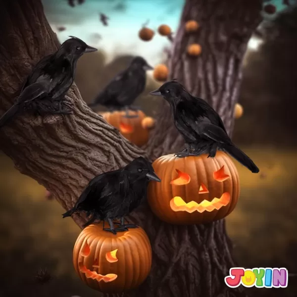 imageJOYIN 6 Pcs Crow Raven Halloween Decoration Indoor Outdoor Decor Black Fake Crows Ravens Bird Props Haunted House Graveyard Cemetery Yard Table Decor Halloween Party Favors Desk Trees Walls Windows