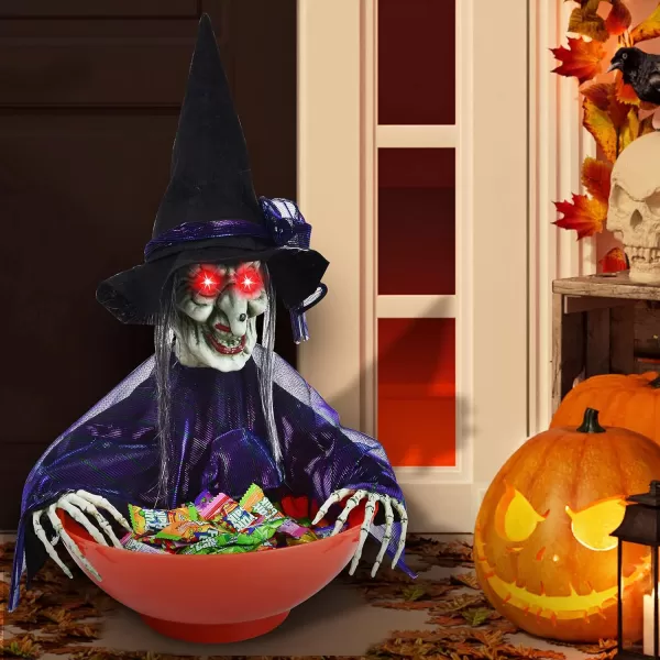 imageJOYIN Halloween Candy Bowl Dish Witch Decor Halloween Decorations Indoor Haunted House Halloween Home Decor Animatronics Animated LED Lights Eyes Creepy Scary Sound Activated Trick Or TreatWitch