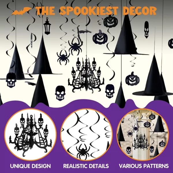 imageJOYIN Hanging Swirl Halloween Decorations Indoor Witch Hats Ghost Chandelier Bat Lantern Spider Pumpkin Skull Ceiling Streamers Party Supplies Wall Halloween Decor Ornaments