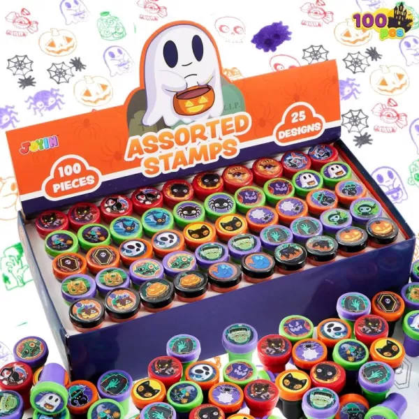 imageJOYIN 100 PCS Halloween Stamps for Kids Gift 25 Designs Assorted SelfInk Stamps Trick or Treat Party Favors Supplies Stampers Goodie Bag Stuffers School Carnival Game Prizes