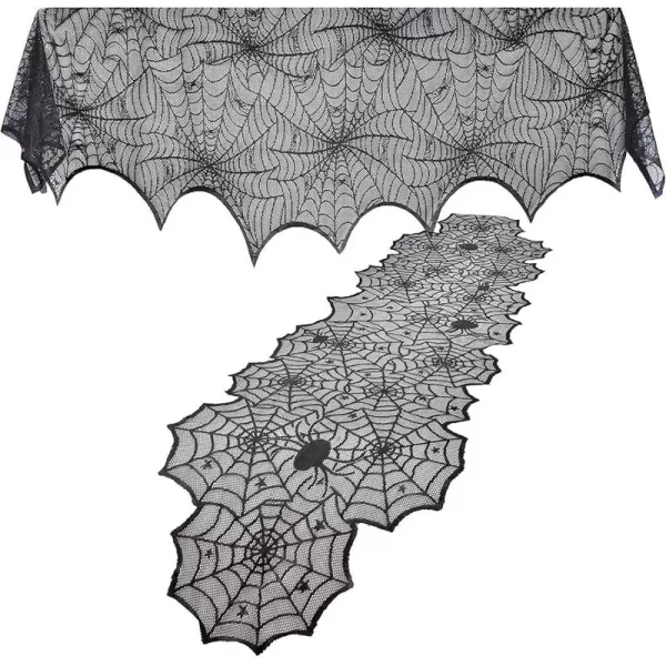 imageJOYIN 2 Pack Halloween Decoration Black Spiderweb Fireplace Mantle Scarf 36X96 inches with Black Table Runner Lace Cover 14X80 inches
