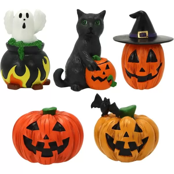 imageJOYIN 5 Pcs Halloween Miniature Resin Classic Figurines Ceramic Accessories Classic Witches Hats Cat Ghost Crow and Pumpkins Figurine for Home Shelf Mantle Halloween Decoration