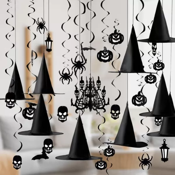 imageJOYIN Hanging Swirl Halloween Decorations Indoor Witch Hats Ghost Chandelier Bat Lantern Spider Pumpkin Skull Ceiling Streamers Party Supplies Wall Halloween Decor Ornaments