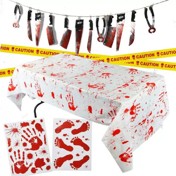 imageSpooktacular Creations Halloween Party Decoration Set Including Bloody Tablecover Weapon Garland Bloody Clings and Caution Tapes 5 Piece