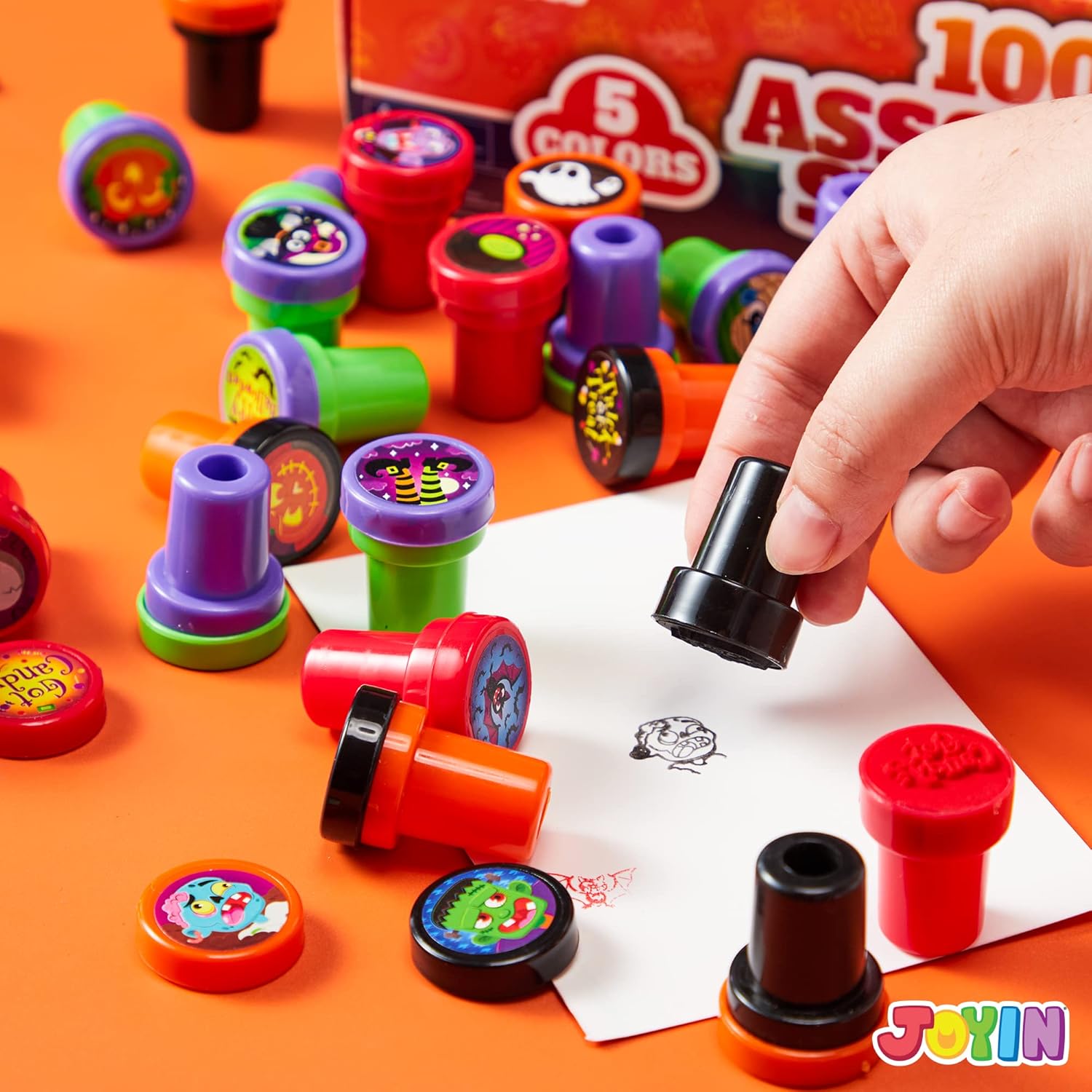 imageJOYIN 100 Pieces Halloween Assorted Stampers Kids SelfInk Stamps 25 Designs 5 Colors Trick or Treat Spooky Stamps for Halloween Party Supplies Goodies Bags Classroom Game Reward Prizes