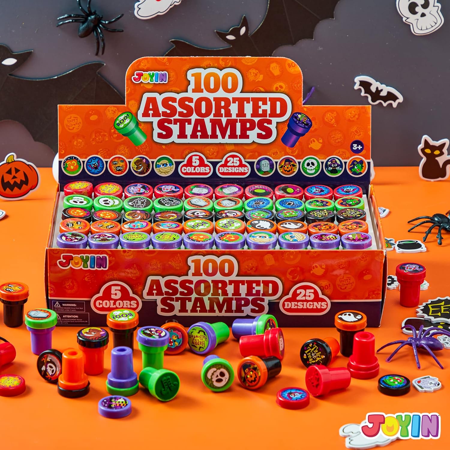 imageJOYIN 100 Pieces Halloween Assorted Stampers Kids SelfInk Stamps 25 Designs 5 Colors Trick or Treat Spooky Stamps for Halloween Party Supplies Goodies Bags Classroom Game Reward Prizes