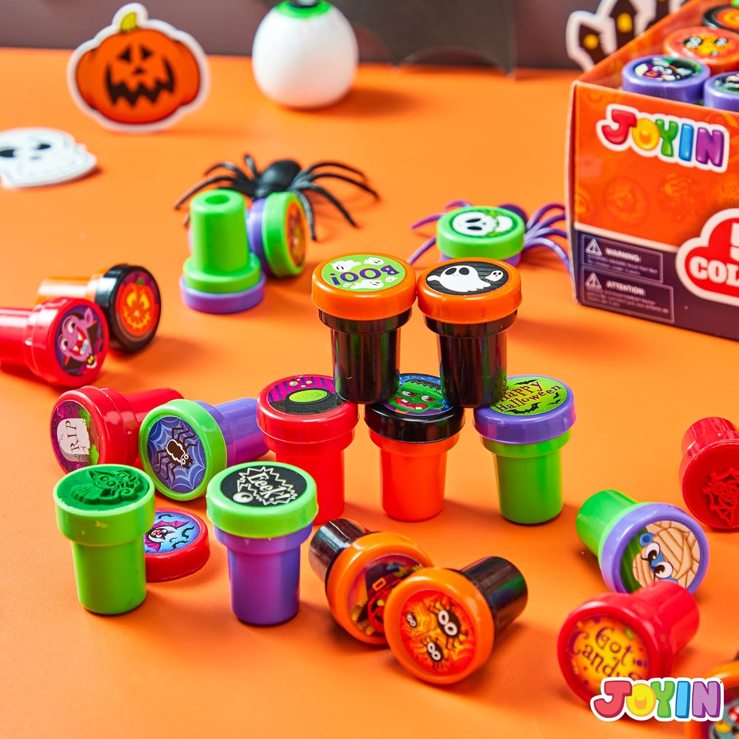 imageJOYIN 100 Pieces Halloween Assorted Stampers Kids SelfInk Stamps 25 Designs 5 Colors Trick or Treat Spooky Stamps for Halloween Party Supplies Goodies Bags Classroom Game Reward Prizes