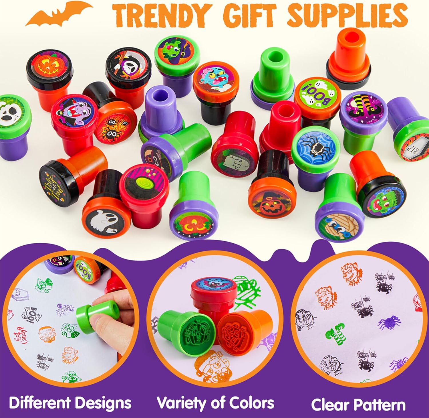 imageJOYIN 100 Pieces Halloween Assorted Stampers Kids SelfInk Stamps 25 Designs 5 Colors Trick or Treat Spooky Stamps for Halloween Party Supplies Goodies Bags Classroom Game Reward Prizes