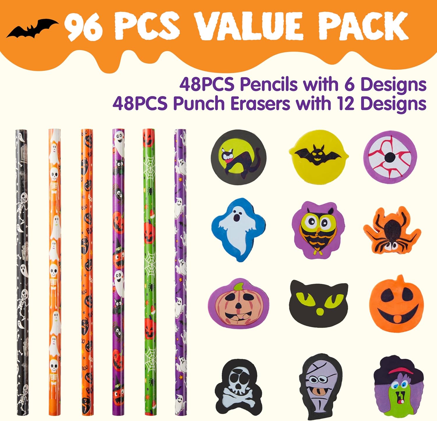 imageJOYIN 48PCS Halloween Pencils with Erasers Stationery Set 48 Colorful Pencils Assortment for Kids in 6 Designs 48 Giant Erasers in 12 Style Halloween Party Favor Supplies Classroom Prizes Gifts