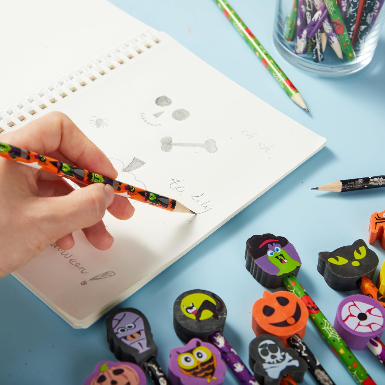 imageJOYIN 48PCS Halloween Pencils with Erasers Stationery Set 48 Colorful Pencils Assortment for Kids in 6 Designs 48 Giant Erasers in 12 Style Halloween Party Favor Supplies Classroom Prizes Gifts