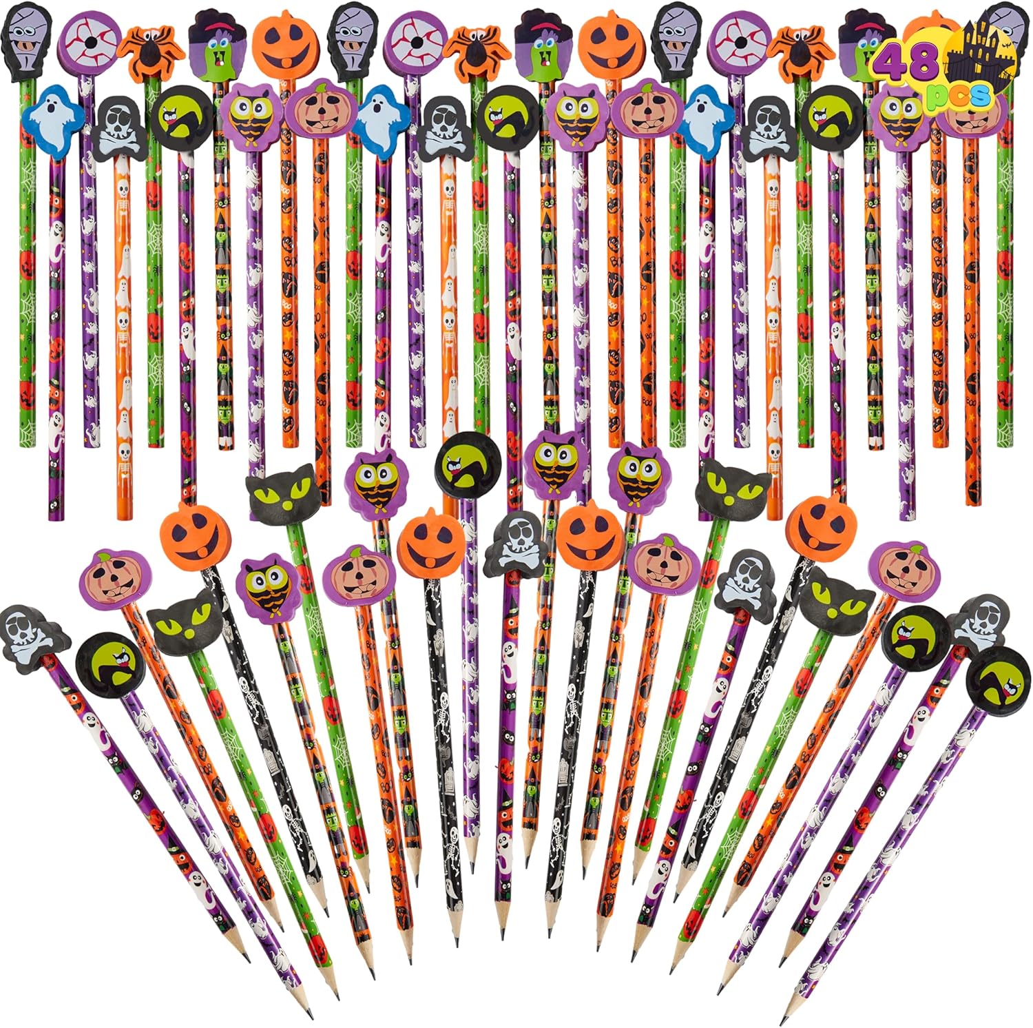 imageJOYIN 48PCS Halloween Pencils with Erasers Stationery Set 48 Colorful Pencils Assortment for Kids in 6 Designs 48 Giant Erasers in 12 Style Halloween Party Favor Supplies Classroom Prizes Gifts
