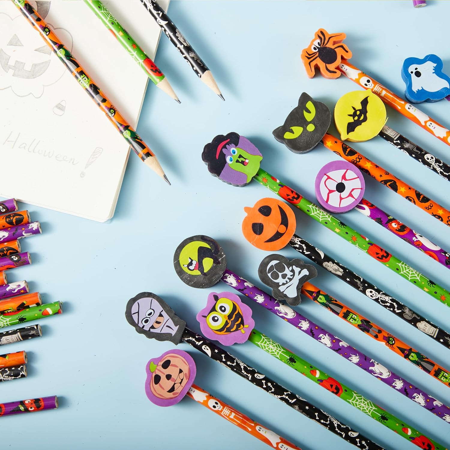 imageJOYIN 48PCS Halloween Pencils with Erasers Stationery Set 48 Colorful Pencils Assortment for Kids in 6 Designs 48 Giant Erasers in 12 Style Halloween Party Favor Supplies Classroom Prizes Gifts