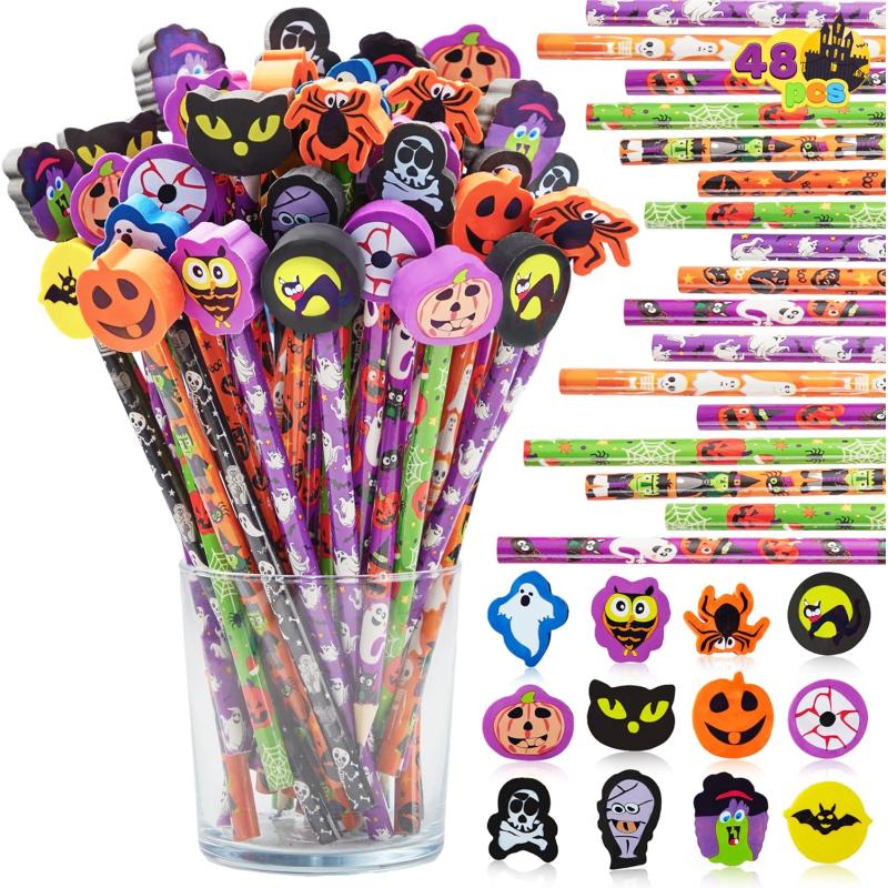 imageJOYIN 48PCS Halloween Pencils with Erasers Stationery Set 48 Colorful Pencils Assortment for Kids in 6 Designs 48 Giant Erasers in 12 Style Halloween Party Favor Supplies Classroom Prizes Gifts