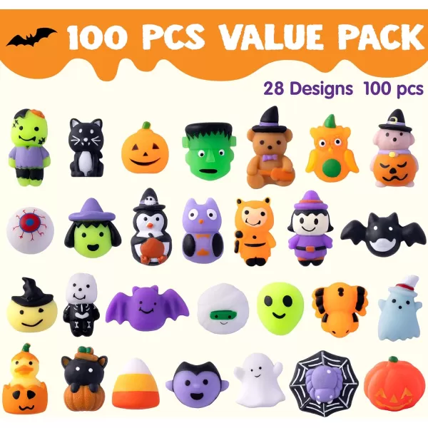 imageJOYIN 100 Pcs Halloween Mochi Squishy Toys for Kids Gift Halloween Kawaii Sensory Stress Relief Toys for Halloween Party Favors Decor Trick or Treats Classroom Prizes Goodie Bag Fillers