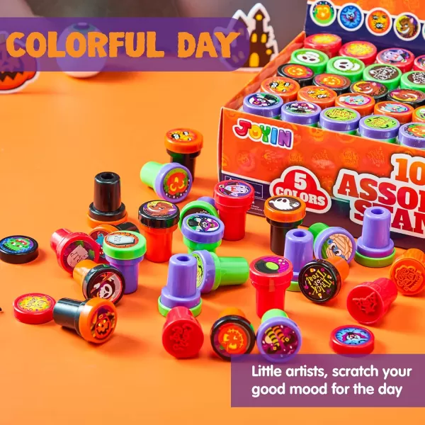 imageJOYIN 100 Pieces Halloween Assorted Stampers Kids SelfInk Stamps 25 Designs 5 Colors Trick or Treat Spooky Stamps for Halloween Party Supplies Goodies Bags Classroom Game Reward Prizes