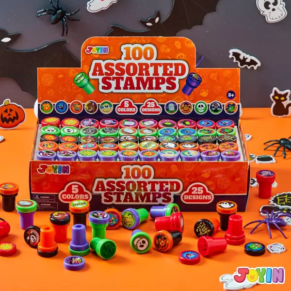 imageJOYIN 100 Pieces Halloween Assorted Stampers Kids SelfInk Stamps 25 Designs 5 Colors Trick or Treat Spooky Stamps for Halloween Party Supplies Goodies Bags Classroom Game Reward Prizes