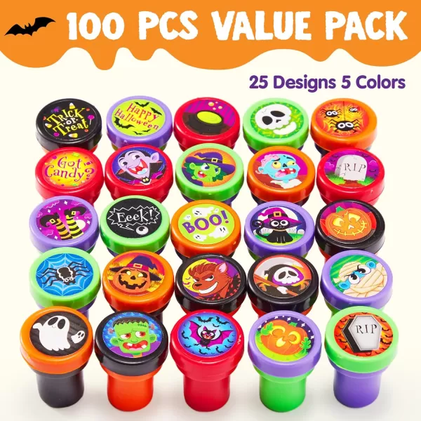 imageJOYIN 100 Pieces Halloween Assorted Stampers Kids SelfInk Stamps 25 Designs 5 Colors Trick or Treat Spooky Stamps for Halloween Party Supplies Goodies Bags Classroom Game Reward Prizes