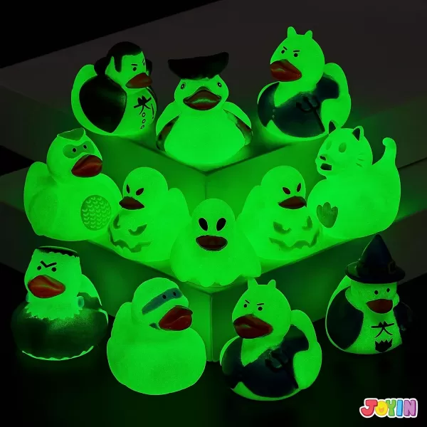 imageJOYIN 12 PCS Halloween Glow Ducks Bath Toys Rubber Duckies for Trick or Treating Goodie Bag Fillers Glow in The Dark Ducky Duck for Halloween Party Favors Decorations School Classroom Prizes