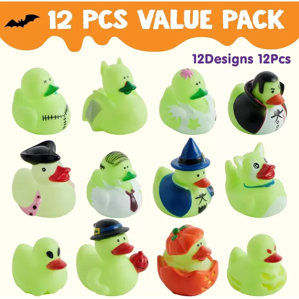 imageJOYIN 12 PCS Halloween Glow Ducks Bath Toys Rubber Ducks for School Classroom Prizes Glow in The Dark Duckies for Trick or Treating Goodie Bag Fillers Halloween Party Favors Decorations