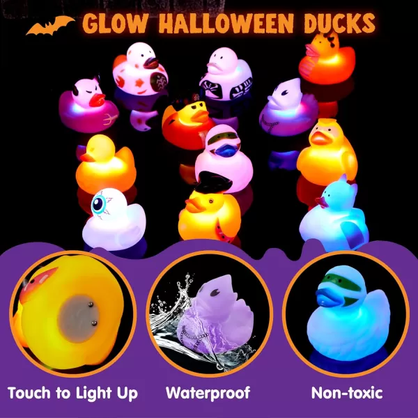 imageJOYIN 12 Pcs Glow Halloween Ducks Bath Toys LED Halloween Rubber Duckies for Kids Gift Glow in The Dark Party Favors Light Up Ducky Bulk Trick or Treats Classroom Prizes Decorations