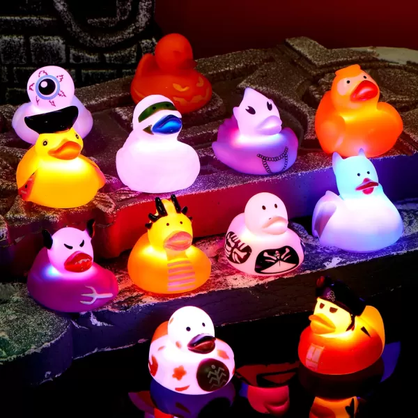 imageJOYIN 12 Pcs Glow Halloween Ducks Bath Toys LED Halloween Rubber Duckies for Kids Gift Glow in The Dark Party Favors Light Up Ducky Bulk Trick or Treats Classroom Prizes Decorations
