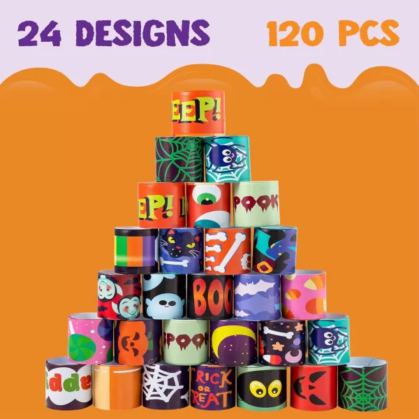 imageJOYIN 120 PCS Halloween Slap Bracelets Party Favors for Kids  24 Designs Bracelets for Halloween Decorations Halloween Treat Bag Stuffers Noncandy Gift