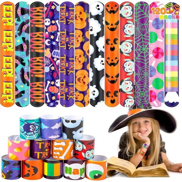 imageJOYIN 120 PCS Halloween Slap Bracelets Party Favors for Kids  24 Designs Bracelets for Halloween Decorations Halloween Treat Bag Stuffers Noncandy Gift