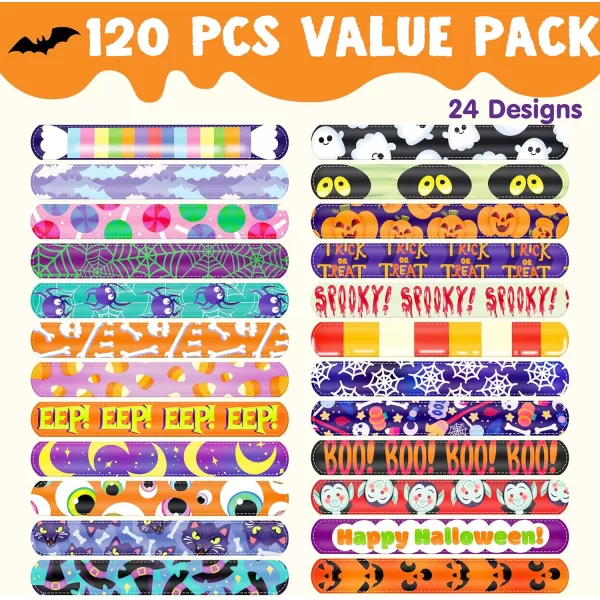 imageJOYIN 120 PCS Halloween Slap Bracelets Party Favors for Kids  24 Designs Bracelets for Halloween Decorations Halloween Treat Bag Stuffers Noncandy Gift