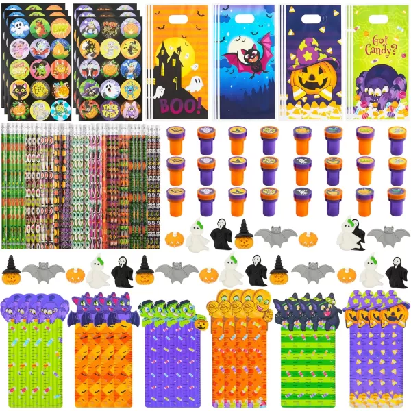 imageJOYIN 144 Pieces 24 Pack Assorted Halloween Themed Stationery Kids Gift Set Trick Treat Price Party Favor Toy Including Halloween Pencils Rulers Stickers Stamps and Erasers in Trick or Treat Bags