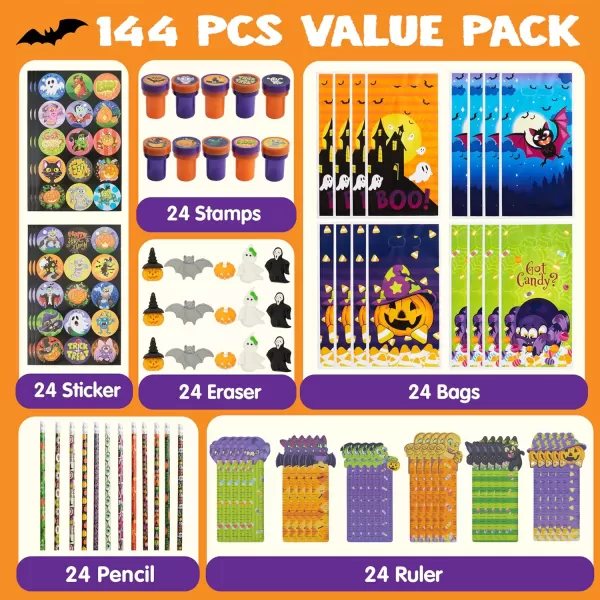 imageJOYIN 144 Pieces 24 Pack Assorted Halloween Themed Stationery Kids Gift Set Trick Treat Price Party Favor Toy Including Halloween Pencils Rulers Stickers Stamps and Erasers in Trick or Treat Bags