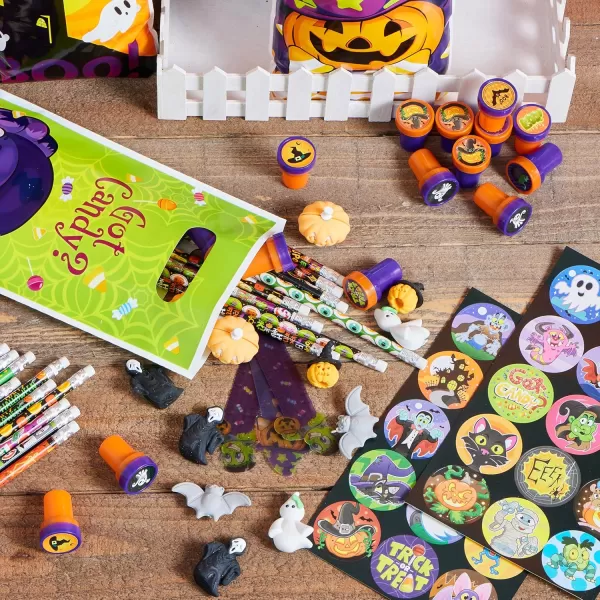 imageJOYIN 144 Pieces 24 Pack Assorted Halloween Themed Stationery Kids Gift Set Trick Treat Price Party Favor Toy Including Halloween Pencils Rulers Stickers Stamps and Erasers in Trick or Treat Bags