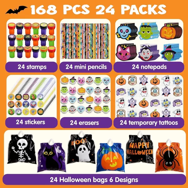 imageJOYIN 168 Pcs 24 Pack Assorted Halloween Art and Craft Stationery Kids Gift Set Trick or Treat Party Favor Toy Including Halloween Bag Notepads Stamps Pencils Stickers and Temporary Tattoos