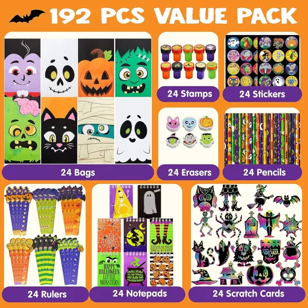 imageJOYIN 192PCS Halloween Stationery Set Trick or Treat Gifts for Kids 24 Pack Halloween Themed Stationery Set for Party Favors Carnival Game Prizes School Stationery Party Supplies